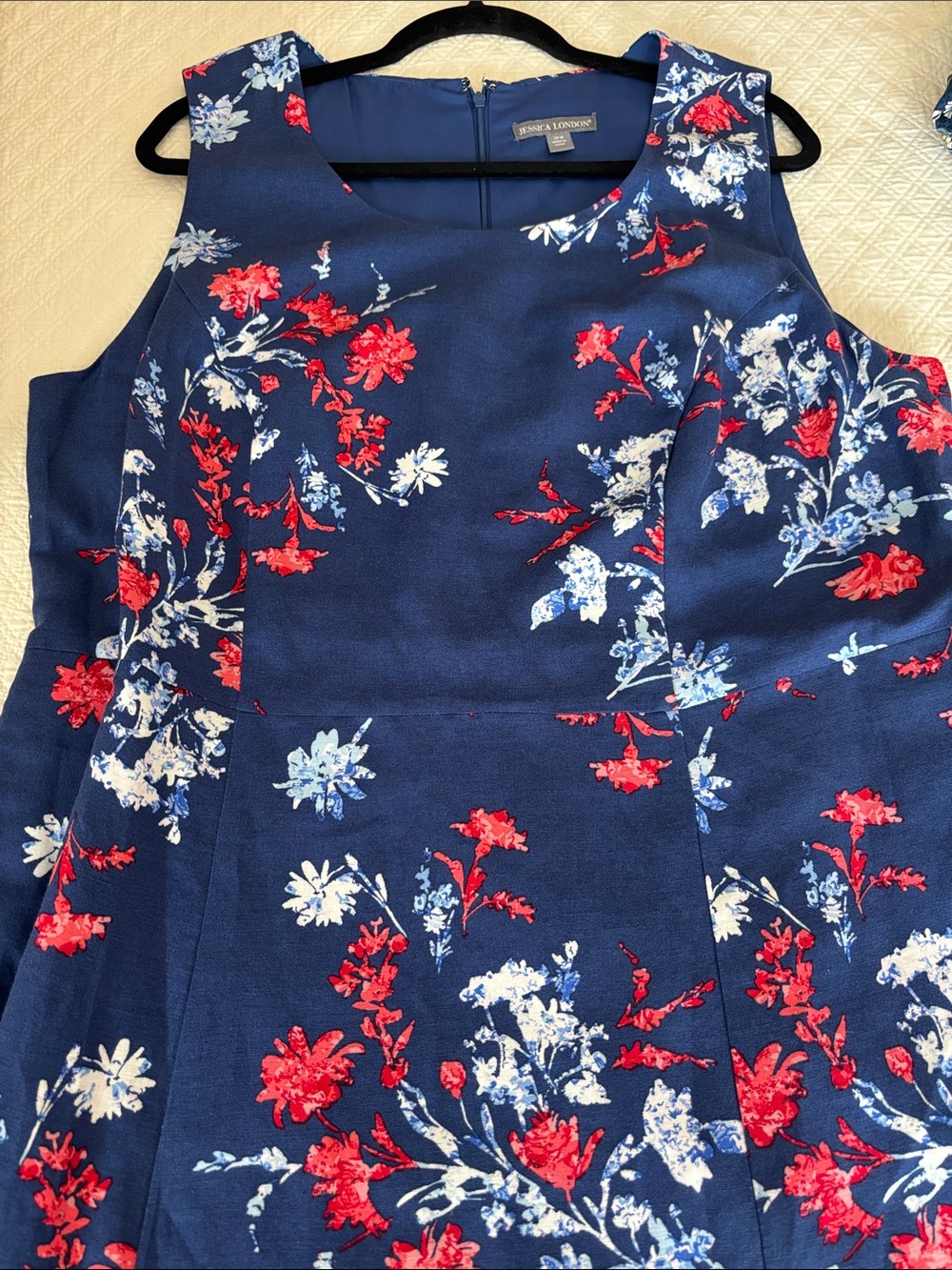 Jessica London Navy Floral Midi Dress with Red & White Accents Linen Blend